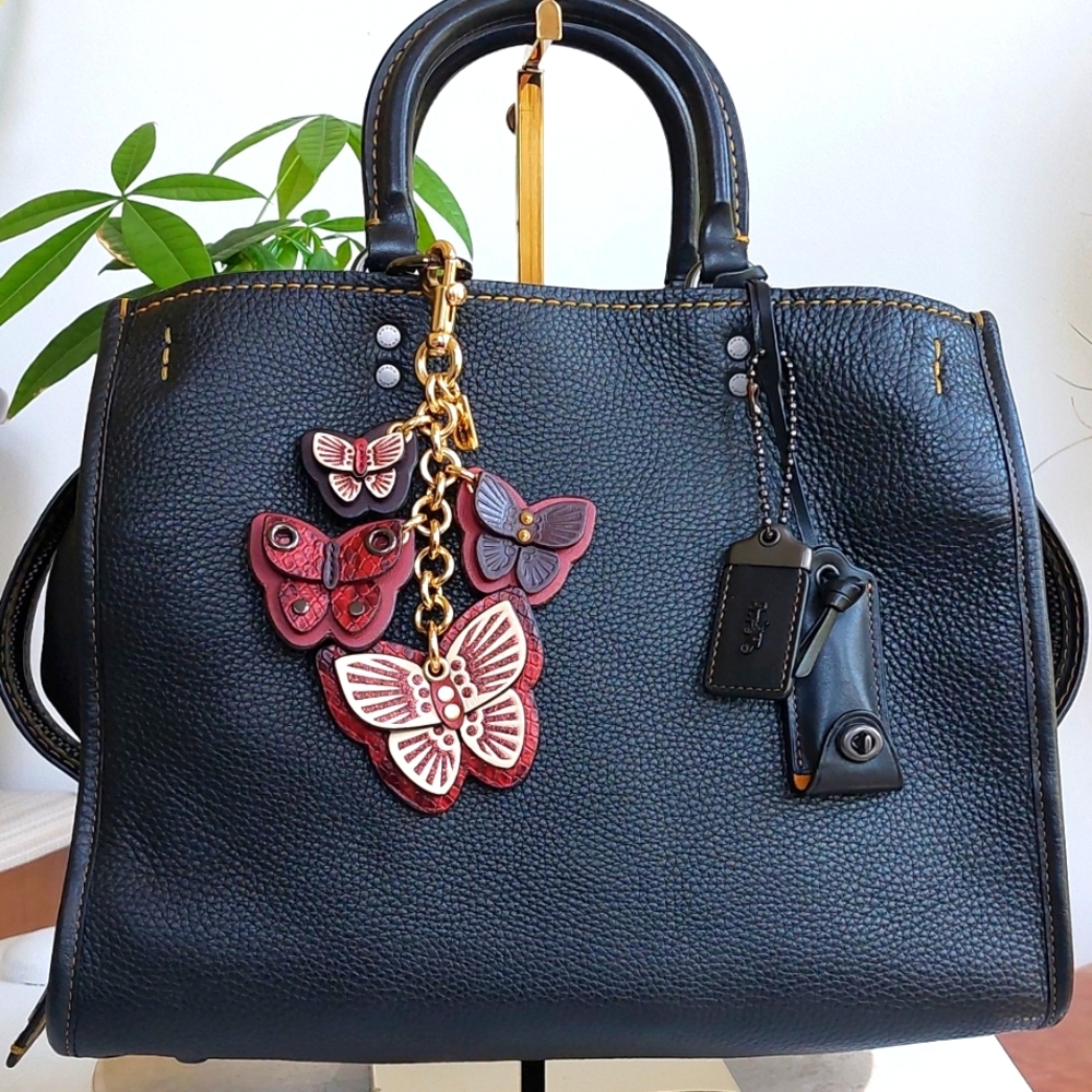 Coach 🦋 oxblood  butterfly cluster bag charm glovetanned leather glitter edge